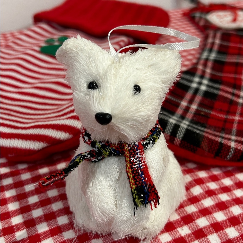 Red Plaid and Striped Doggy Christmas Stockings & Puppy Ornament (3 items)